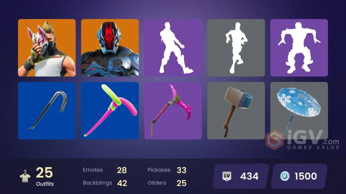 | PC/PSN/XBOX | 25 SKINS | Ronin | Ragnarok | Drift | The Foundation | Enforcer | Sun Strider | UNSC Spartan | Shanta | 1500 VBUCKS | FWp5U |