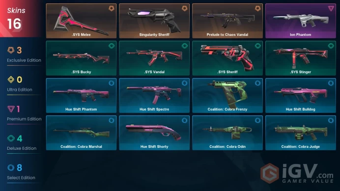 EU / 15 Skins / Prelude to Chaos Vandal / Ion Phantom / .SYS Melee + Vandal + Bucky + Sheriff + Stinger / V84
