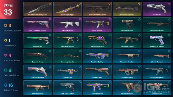 EU [ 33 TOP SKINS + 2 KNIFE ] Black.Market Butterfly Knife + Prelude to Chaos Vandal + Neptune Vandal + Ion Sheriff / full acces