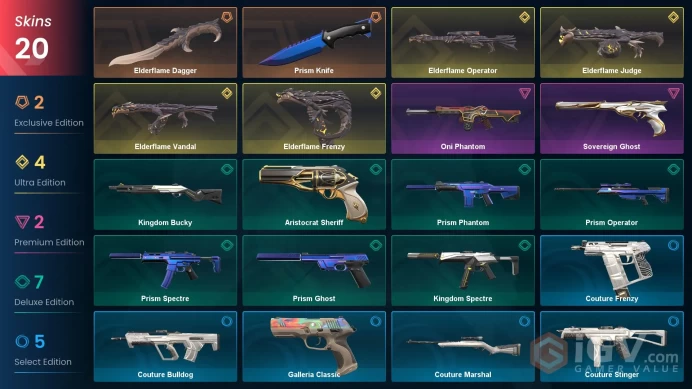 EU / 20 Skins / Elderflame Vandal + Operator + Dagger + Judge / Oni Phantom / Prism Knife / V79