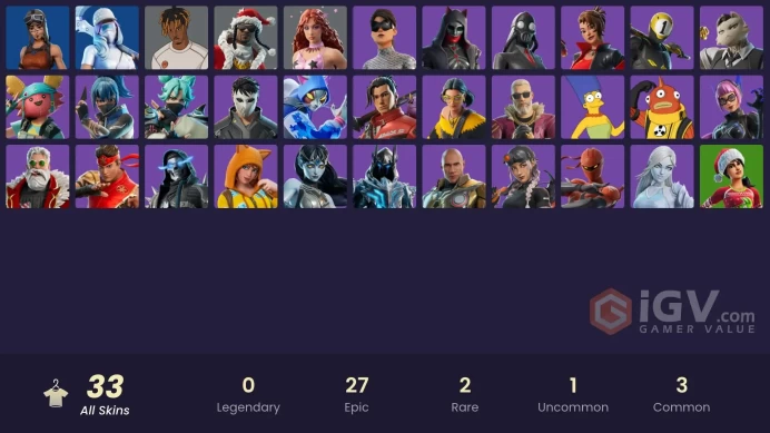 | PC/XBOX | 33 SKINS | Santa Dogg | Shadow Blade Hope | 1-Ball | Slayer Juice WRLD | Jade | Lt. Winter | Wonder Onesie | 1100 VBUCKS | FWiYr |