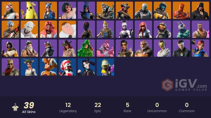 | PC/XBOX | 39 SKINS | Lynx | Drift | Peter Griffin | A.I.M. | Zenith | Dire | Valeria | Snap | Hybrid | Calamity | Ronin | 50 VBUCKS | FWila |