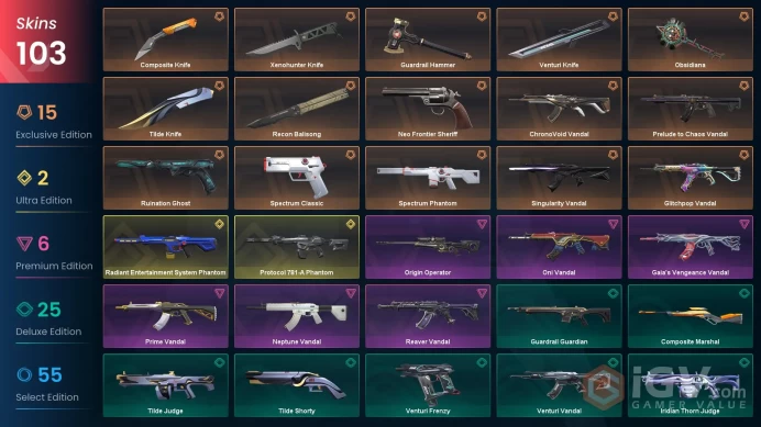 EU / 103 LUX SKINS (Reaver Vandal+Prime Vandal+Radiant Entertainment System Phantom) + 7 KNIVES (Recon Balisong+Xenohunter) / MAIL (FULL ACCESS)