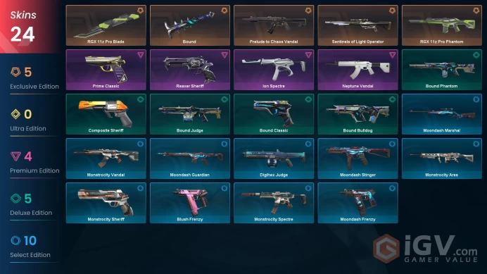 EU Full Access | 24 Skins RGX 11z Pro Blade+Prelude to Chaos Vandal+RGX 11z Pro Phantom+Reaver Sheriff+Ion Spectre+more