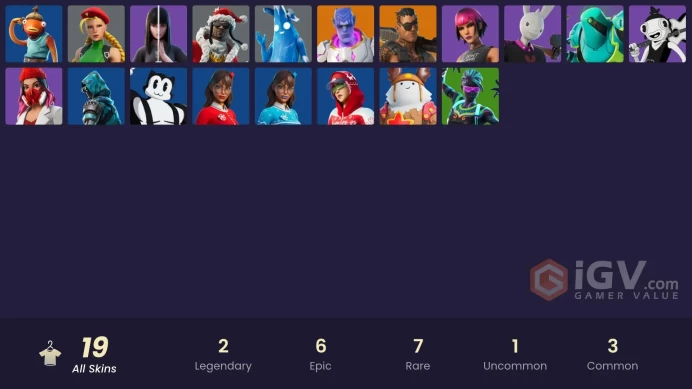 | PC/PSN/XBOX | 19 SKINS | Joey | Kymera | Zyg | Toona Fish | Sunny | Charlotte | Polar Peely | Santa Dogg | Guggimon | 50 VBUCKS | FYjiC |