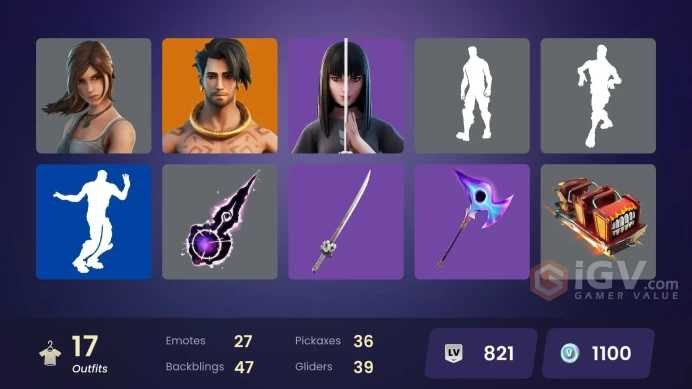 | PC/XBOX | 17 SKINS | Raz | The Imagined | Joey | Kymera | Tarana | Prowler | Gunnar | Rebirth Raven | Agent Jones | 1100 VBUCKS | FXinq |