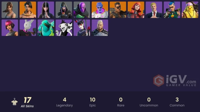 | PC/XBOX | 17 SKINS | Raz | The Imagined | Joey | Kymera | Tarana | Prowler | Gunnar | Rebirth Raven | Agent Jones | 1100 VBUCKS | FXinq |