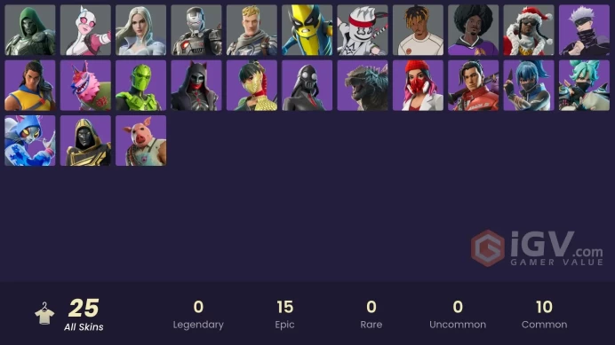 | PC/PSN/XBOX | 25 SKINS | Blitz Knight | Shadow Blade Hope | Slayer Juice WRLD | Pig the Butcher | Yulejacket | Gwenpool | 350 VBUCKS | FYta3 |