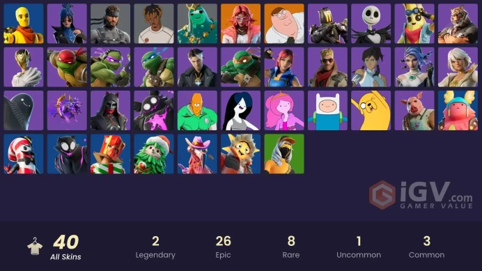| PC/PSN/XBOX | 40 SKINS | Peter Griffin | Valeria | Donatello | Allen the Alien | Oscar | Montague | Vengeance Jones | 1200 VBUCKS | FVoA6 |