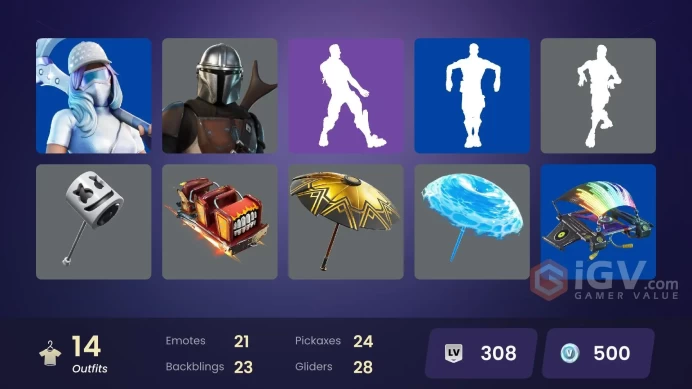 | PC/XBOX | 14 SKINS | Mandalorian | Catalyst | Kymera | Predator | The Scientist | Mave | Tilted Teknique | Reese | 450 VBUCKS | FYjgT |