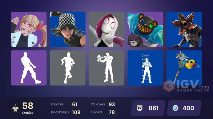 | PC/XBOX | 58 SKINS | Twyn | Inferno | Era | Nezumi | Paradigm (Reality-659) | Renzo the Destroyer | The Ageless | Dusty | 400 VBUCKS | FXxpf |