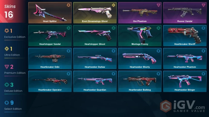 EU 16 skins | Reaver Vandal | Heart Splitter | Evori Dreamwings Ghost | Oni Phantom | Heartstopper Vandal | Heartstopper Ghost | V0444