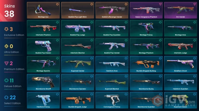 EU 38 skins | Bubble Pop Light Stick | Montage Axe | Gaia's Vengeance Phantom | Oni Vandal | Dolmir's Revenge Vandal | Montage Spectre | V0450