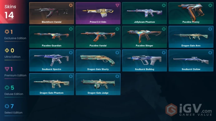 EU 14 skins | Prime//2.0 Odin | Blackthorn Vandal | Jellybeam Phantom | Paceline Vandal | Paceline Stinger | Paceline Frenzy | V0482
