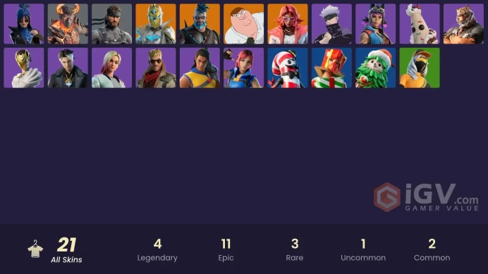 | PC/PSN/XBOX | 21 SKINS | Valeria | Peter Griffin | Spectra Knight | Omegarok | Satoru Gojo | Lil Split | Nisha | Jackie | 800 VBUCKS | FUi0R |