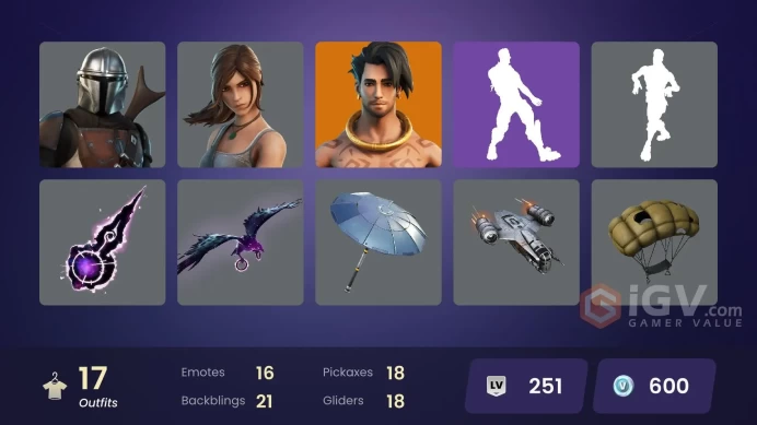 | PC/PSN/XBOX | 17 SKINS | Predator | Mandalorian | Menace | Raz | Kymera | Spire Assassin | Tarana | Mave | Cluck | Lexa | 600 VBUCKS | FYlyx |
