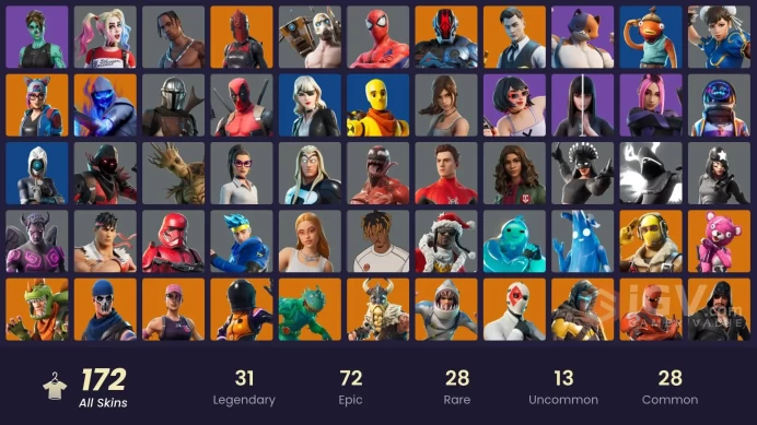 172 skins/full access/travis scott/merry mint axe/gold midas/gold tntina/unchained ramirez/pitch patroller/astro jack