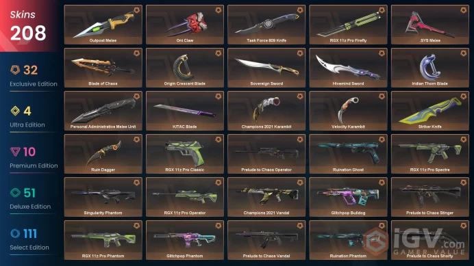 NA - Valorant Account 300 Skins RGX Reaver Prime Protocol Unranked Level 227 24 Knives Full Access - Total Spent: $1154.29 USD