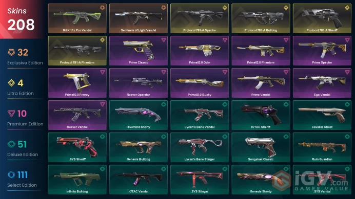 NA - Valorant Account 300 Skins RGX Reaver Prime Protocol Unranked Level 227 24 Knives Full Access - Total Spent: $1154.29 USD