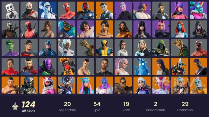 124 skins | Leviathan Axe | Kratos | Gold Midas | Tart Tycoon | Cloud Striker | Fixer | Snake Eyes | The Imagined | Gear Specialist Maya