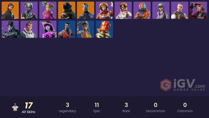 17 skins | The Reaper | Elite Agent | Take The L | Ride The Pony | Snowflake | Carbide | Dark Voyager | Zoey | Moonwalker | Battlehawk