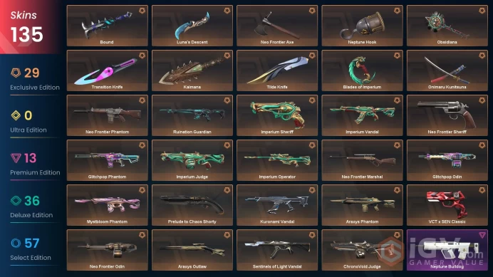 NA - Valorant Account - 210 Skins - Araxys Ion Prime Kuronami Neo Frontier - Level 147 - Unranked - 13 Knives - Full Access - Total Spent: $1000