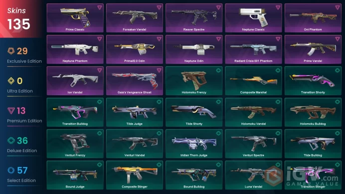 NA - Valorant Account - 210 Skins - Araxys Ion Prime Kuronami Neo Frontier - Level 147 - Unranked - 13 Knives - Full Access - Total Spent: $1000