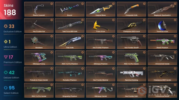 EU - Valorant Account - 300 Skins - RGX Reaver Prime Champions Protocol - Level 190 - Unranked - 18 Knives - Full Access - Total Spent: £1100