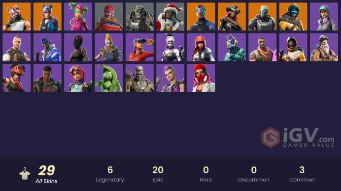 29 skins | Blue Striker | Calamity | Drift | Carbide | Lynx | A.I.M. | Zenith | Wastelander Magneto | T-60 Power Armor | Santa Dogg | Zoey