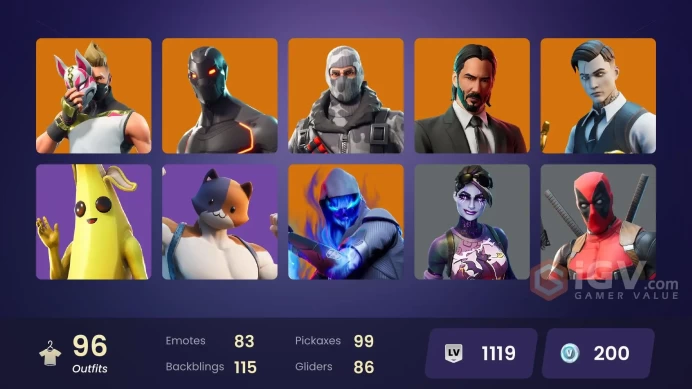 96 skins | Omega | Havoc | Snowflake | Sub Commander | Valor | Gear Specialist Maya | John Wick | Calamity | Drift | Singularity | Fusion