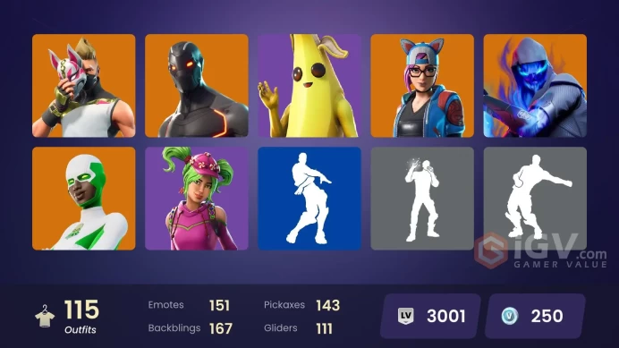 115 skins | Naruto Uzumaki | Omega | Candy Axe | Ride The Pony | Snowflake | Rogue Agent | Drift | Fusion | Rox | Sentinel | Backlash | Valor