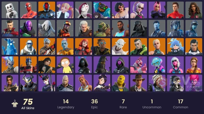 75 skins | The Imagined | Renzo the Destroyer | The Foundation | Frostbite | Optimus Prime | Paradigm (Reality-659) | Ronin | Malik | Twyn