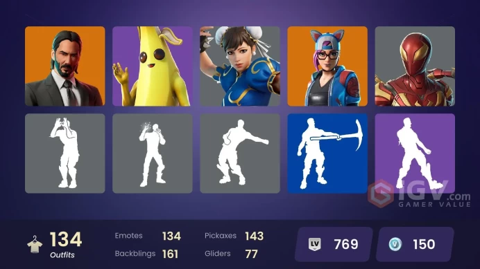 134 skins | John Wick | The Prisoner | Ruin | Blackheart | Lynx | Hybrid | Zenith | The Ice King | Dark Rex | Captain Phasma | Apprentice Evie