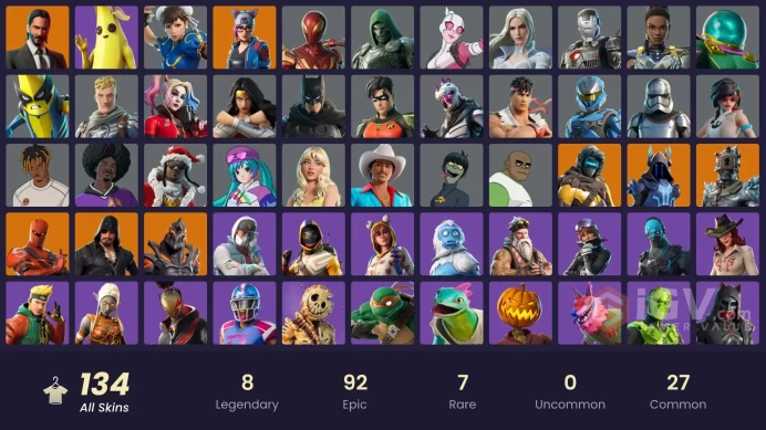 134 skins | John Wick | The Prisoner | Ruin | Blackheart | Lynx | Hybrid | Zenith | The Ice King | Dark Rex | Captain Phasma | Apprentice Evie