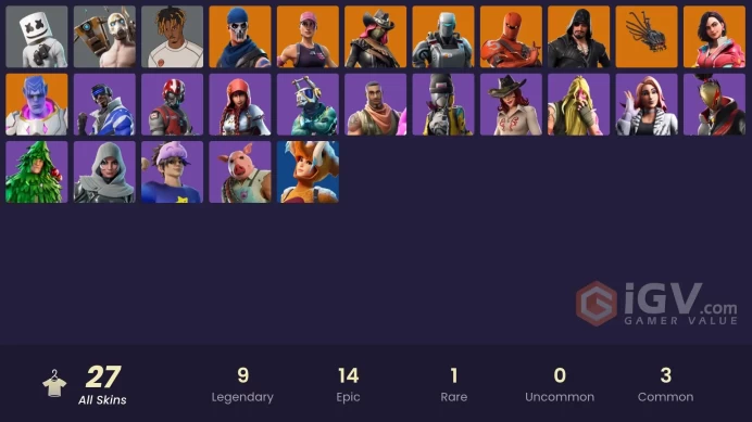 27 skins | Ride The Pony | Snowflake | Blue Striker | Calamity | Rox | Kymera | Blackheart | A.I.M. | Sentinel | Hybrid | Psycho Bandit