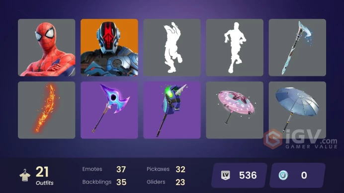 21 skins | The Foundation | Ronin | MJ (No Way Home) | Spider-Man (No Way Home) | Spider-Man | Snow Drift | Polar Peely | Frost Broker