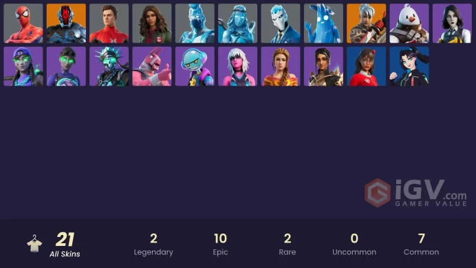 21 skins | The Foundation | Ronin | MJ (No Way Home) | Spider-Man (No Way Home) | Spider-Man | Snow Drift | Polar Peely | Frost Broker
