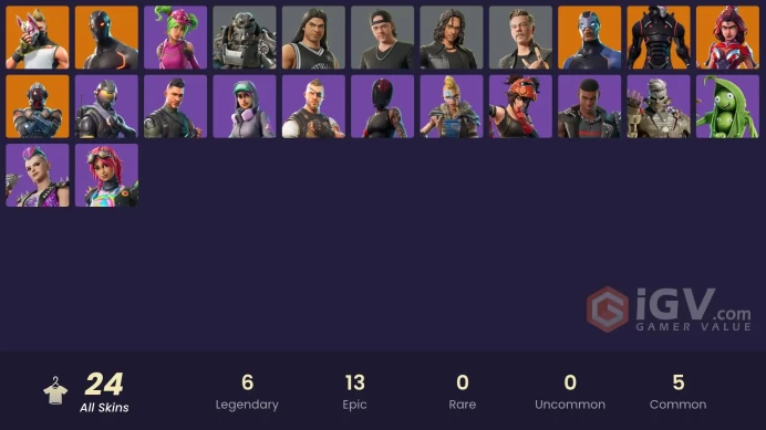 23 skins | Snowflake | Omega (stage 5) | Rogue Agent | The Visitor | Valor | Carbide | Drift | T-60 Power Armor | Kirk Hammett | Lars Ulrich