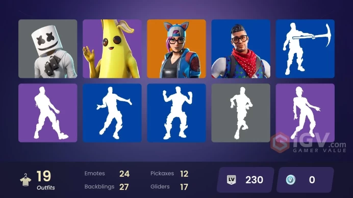 19 skins | Prodigy | Hybrid | Zenith | The Ice King | Ruin | The Prisoner | Blackheart | Lynx | Marshmello | Sidewinder | Ember | Sanctum