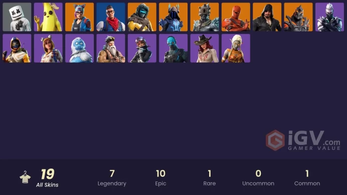 19 skins | Prodigy | Hybrid | Zenith | The Ice King | Ruin | The Prisoner | Blackheart | Lynx | Marshmello | Sidewinder | Ember | Sanctum