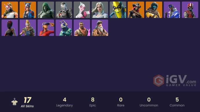 17 skins | Fresh | Blue Striker | Zenith | Calamity | Drift | Lynx | Peelverine | War Machine | Gwenpool | Emma Frost | Doom | Huntress