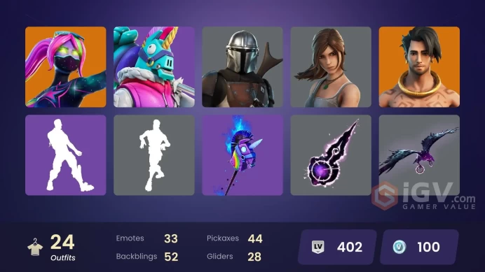 24 skins | Galaxia | Spire Assassin | Vi | Mecha Cuddle Master | Alli | Raz | Mandalorian | Blaze | Lara Croft | Green Arrow | Rebirth Raven