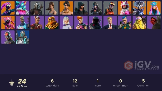 24 skins | Galaxia | Spire Assassin | Vi | Mecha Cuddle Master | Alli | Raz | Mandalorian | Blaze | Lara Croft | Green Arrow | Rebirth Raven