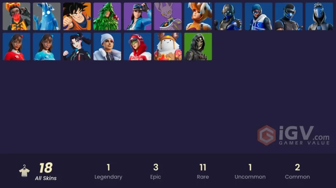 18 skins | Point Patroller | Sultura | Cloud Striker | Fixer | Trilogy | Son Goku | Tectonic Komplex | Polar Peely | Beerus | Lt. Evergreen