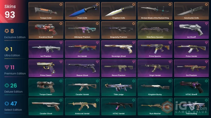 EU / 93 Skins / 4 Knives / Elderflame / Prime / Reaver / Oni / Glitchpop / Overdrive / Origin / Singularity / Ion / Sovereign XB9