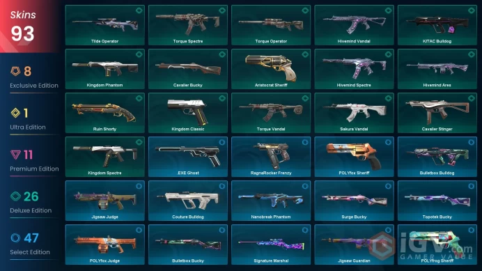 EU / 93 Skins / 4 Knives / Elderflame / Prime / Reaver / Oni / Glitchpop / Overdrive / Origin / Singularity / Ion / Sovereign XB9