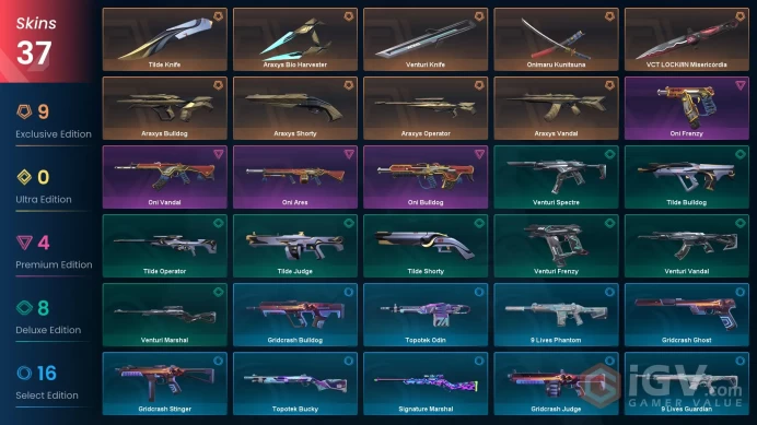 EU / 37 SKins / 4 Knives / Oni / Araxys / Onimaru / VCT / Venturi / Tilde / Topotek / Signature / Gridcrash / Venturi / 9 Lives XB22