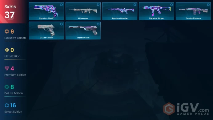 EU / 37 SKins / 4 Knives / Oni / Araxys / Onimaru / VCT / Venturi / Tilde / Topotek / Signature / Gridcrash / Venturi / 9 Lives XB22