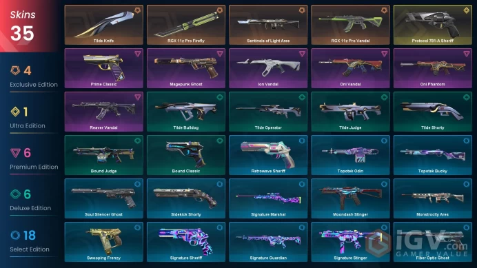 EU / 35 Skins / 2 Knives / RGX 11z / Oni / Reaver / Ion / Protocol / Prime / Sentinels of Light / Magepunk / Signature / Nound / Pistolinha XB26