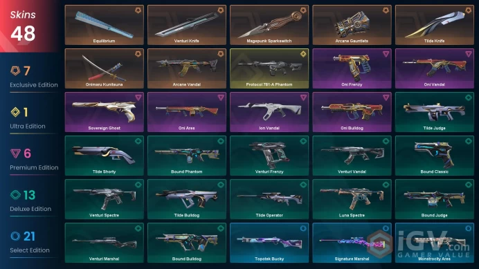 NA / 48 SKins / 5 Knives / Protocol / Sovereign / Oni / Ion / Arcane / Onimaru / 9 Lives / Tilde / Topotek / Bound / Gridcrash XB27